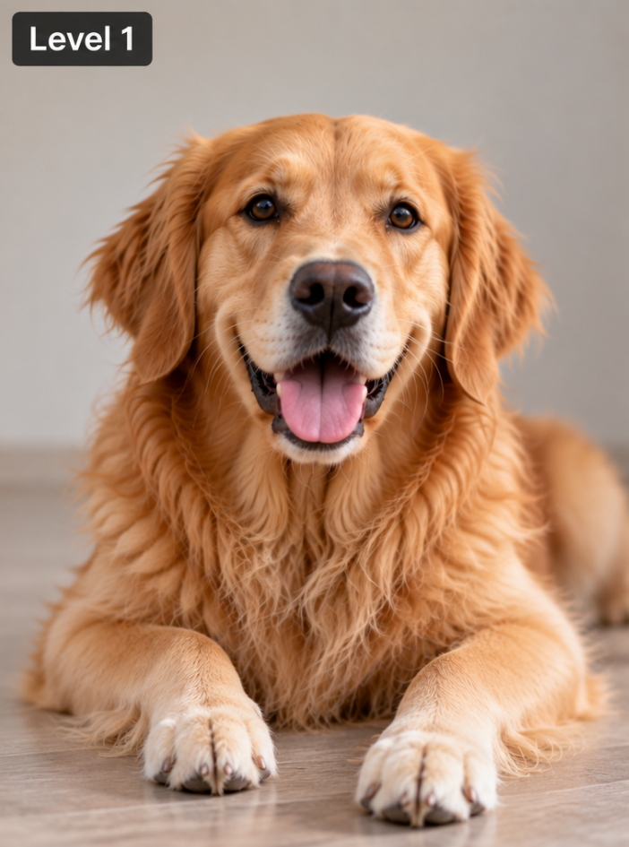 A golden retriever lying on a wood floor against a plain background