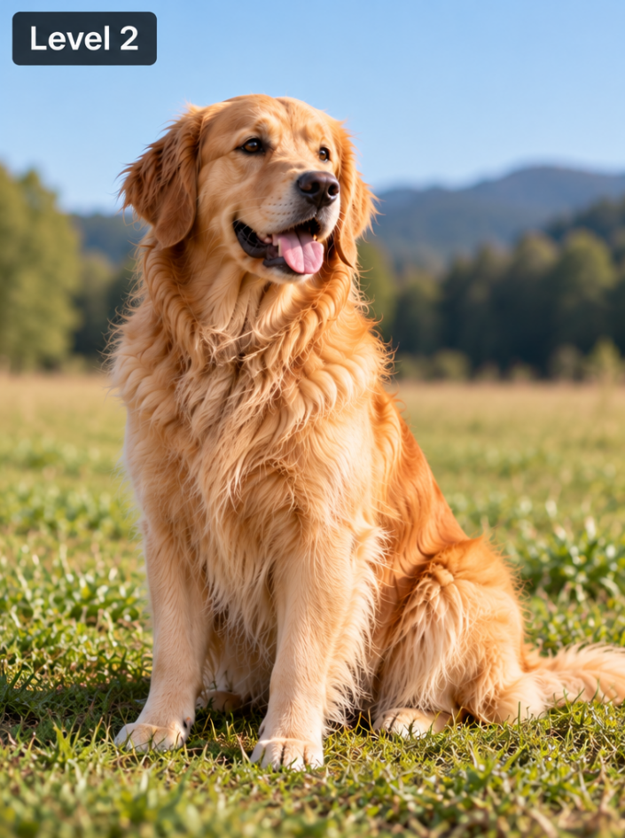 A golden retriever sitting in a grassy field with distant hills